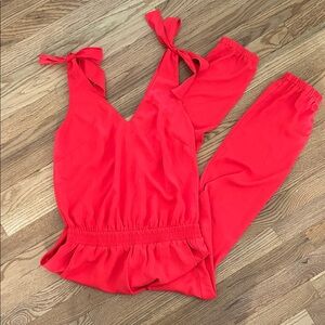 Womens Red Tie-Shoulder Jumpsuit